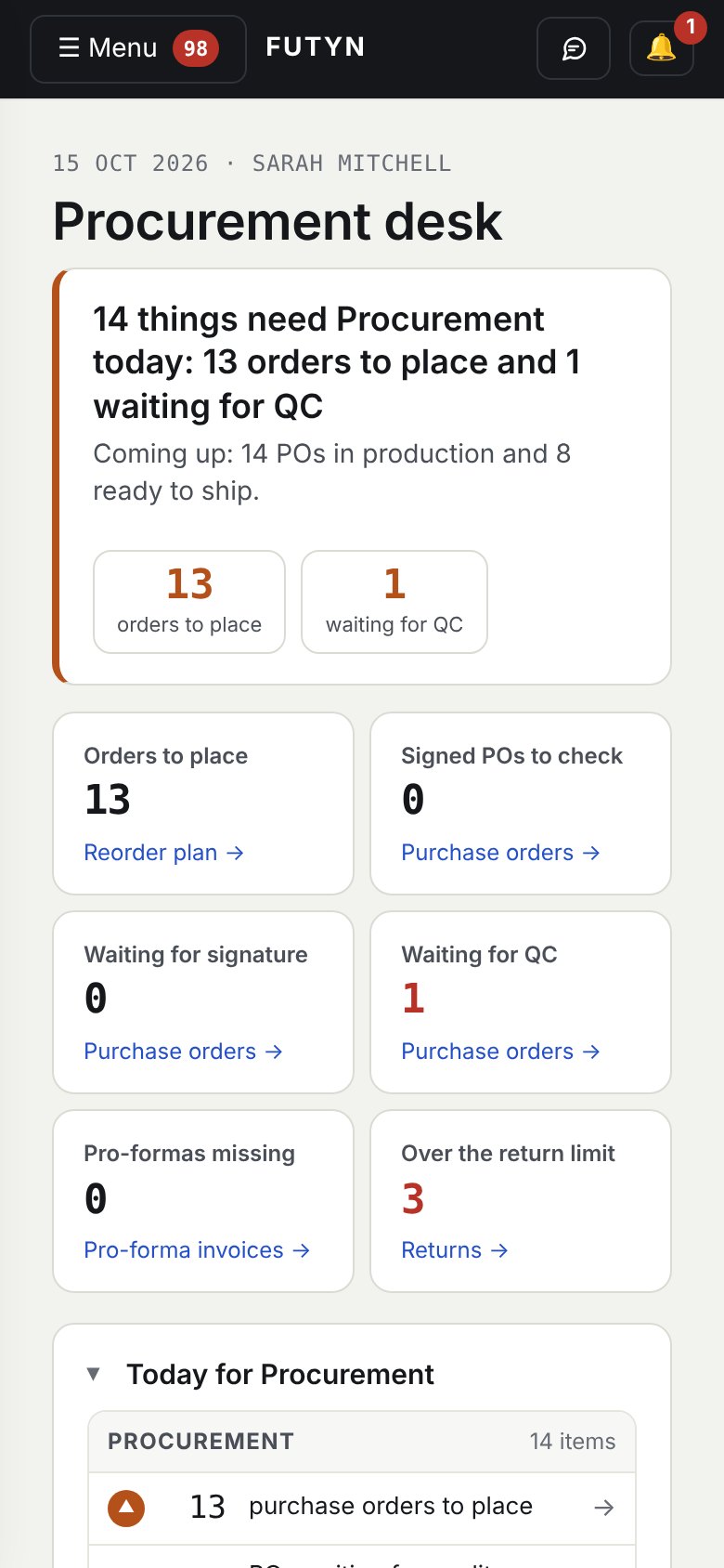 The procurement desk on a phone: 13 orders to place and 1 waiting for quality check.
